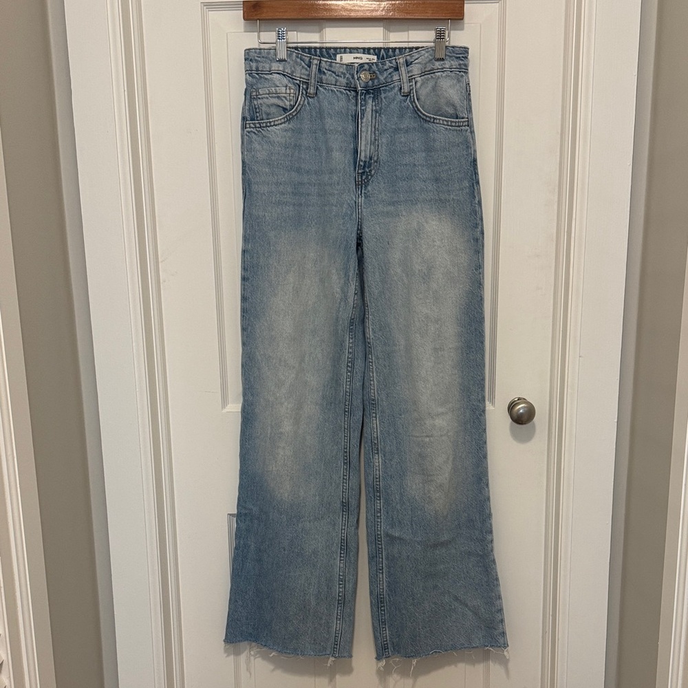 Mango Light Blue High Waisted Raw Hem Wide Leg Jeans  —-EUC.  WORN twice!